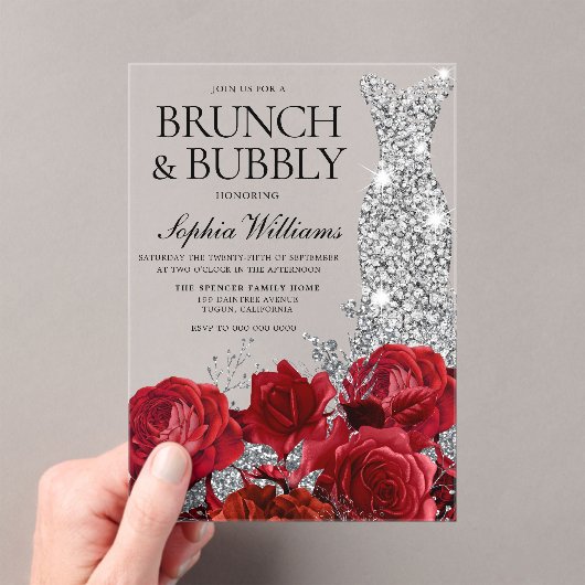 Silver Dress Red Rose Brunch Bubble Vrijgezellenfe Acryl Uitnodigingen (Insitu (Draagbaar))