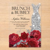Silver Dress Red Rose Brunch Bubble Vrijgezellenfe Acryl Uitnodigingen (Voorkant)