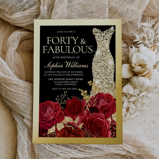 Silver Dress, Red Roses & Black 40th Birthday Gold Folie Uitnodiging