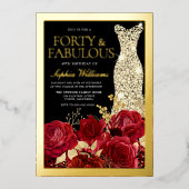 Silver Dress, Red Roses & Black 40th Birthday Gold Folie Uitnodiging (Voorkant)