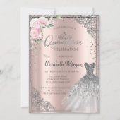Silver DressTiara, Flowers Roos Gold Quinceañera Kaart (Voorkant)