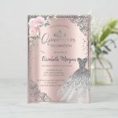 Silver DressTiara, Flowers Roos Gold Quinceañera Kaart (Staand voorkant)