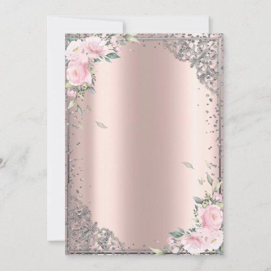 Silver DressTiara, Flowers Roos Gold Quinceañera Kaart (Achterkant)