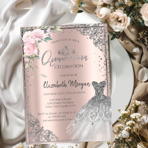 Silver DressTiara, Flowers Roos Gold Quinceañera Kaart