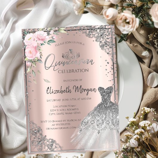 Silver DressTiara, Flowers Roos Gold Quinceañera Kaart