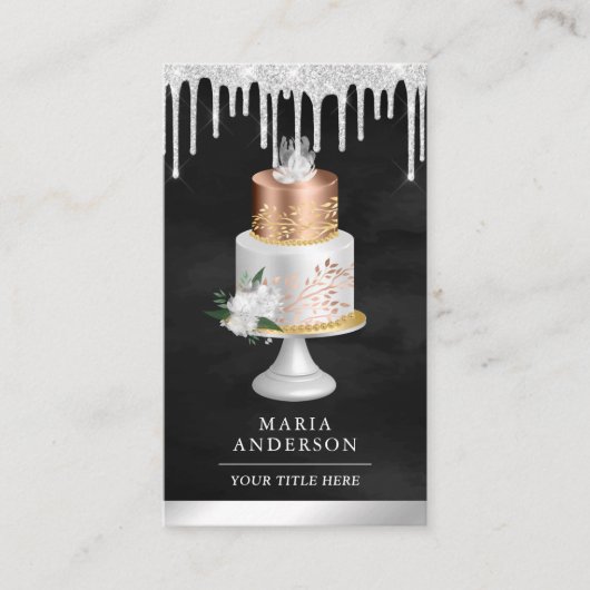 Silver Drift Floral Cake Black Pastry Chef Bakery Visitekaartje (Voorkant)