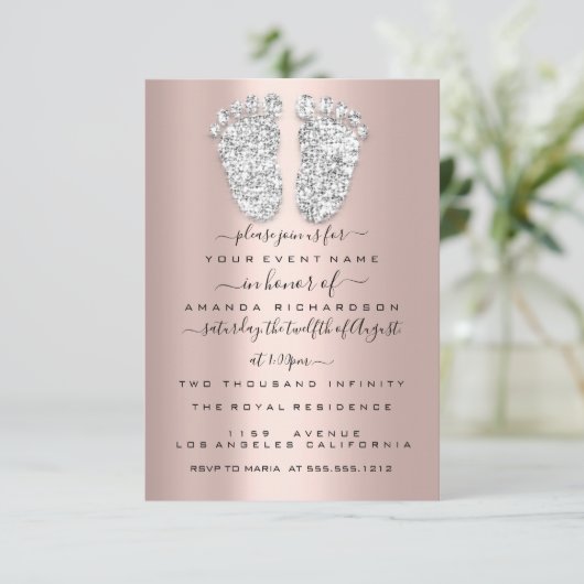 Silver Drift Grey Roos Baby Girl Shower Feet Kaart (Staand voorkant)