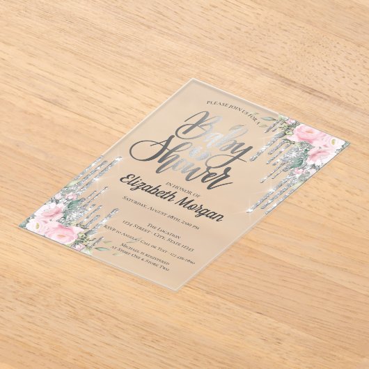 Silver Drift Roos Gold Floral Baby shower Acryl Uitnodigingen (Laagn)