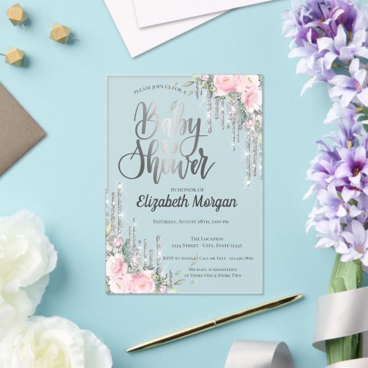 Silver Drift Roos Gold Floral Baby shower Acryl Uitnodigingen (Insitu (Huwelijk))