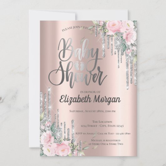 Silver Drift Roos Gold Floral Baby shower Kaart (Voorkant)