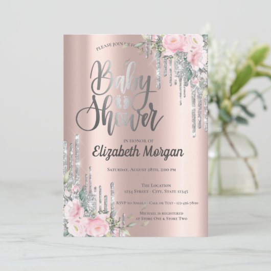Silver Drift Roos Gold Floral Baby shower Kaart (Staand voorkant)