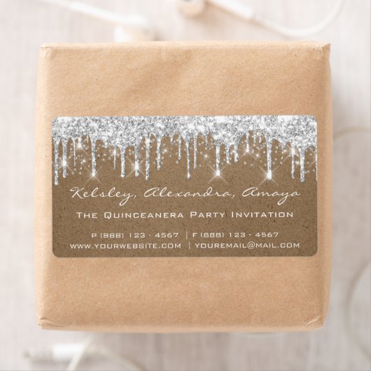 Silver Drip Confetti Bridal Sweet 16th Paper Kraft Etiket (Insitu)