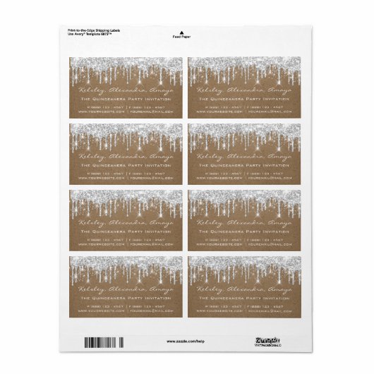 Silver Drip Confetti Bridal Sweet 16th Paper Kraft Etiket (Full Sheet)