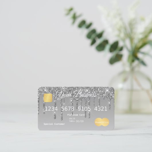 Silver Drip Glitter-look-creditcard Visitekaartje (Staand voorkant)