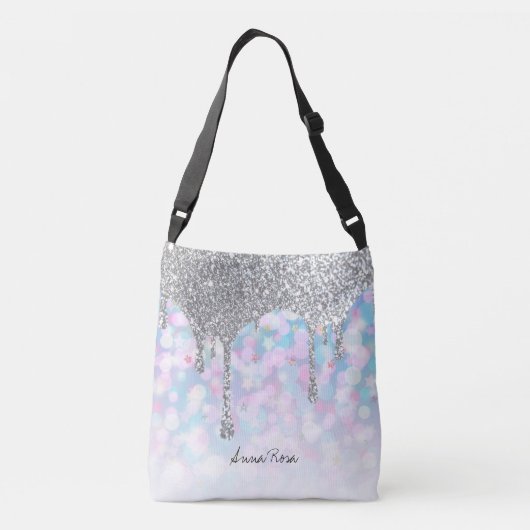 *~* Silver Drip Glitter Pastel Blauwe Stars Crossbody Tas (Achterkant)