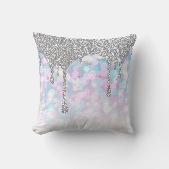 *~* Silver Drip Glitter Pastel Blue Pink Stars Kussen (Voorkant)