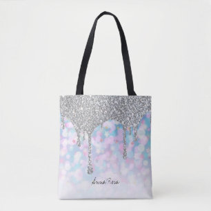 *~* Silver Drip Glitter Pastel Blue Pink Stars Tote Bag