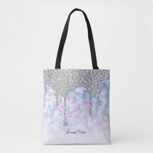 *~* Silver Drip Glitter Pastel Blue Pink Stars Tote Bag (Voorkant)