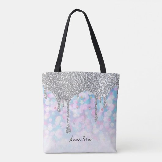 *~* Silver Drip Glitter Pastel Blue Pink Stars Tote Bag (Achterkant)