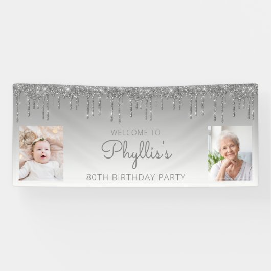 Silver Dripping Glitter Two Photo 80th Birthday Spandoek (Horizontaal)