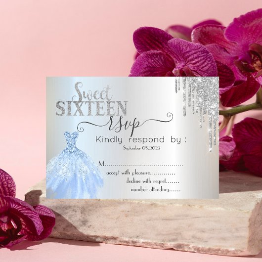 Silver Drips Blue Dress Sweet 16 RSVP-uitnodiging Kaart