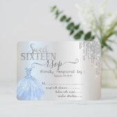 Silver Drips Blue Dress Sweet 16 RSVP-uitnodiging Kaart (Staand voorkant)