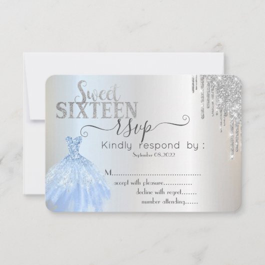 Silver Drips Blue Dress Sweet 16 RSVP-uitnodiging Kaart (Voorkant)