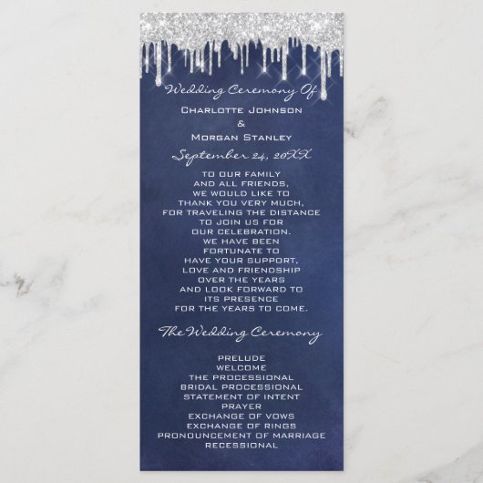 Silver Drips Event Wedding Program Formele marine Programmakaart (Voorkant)
