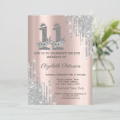 Silver Drips Flowers Roos Gold 11e verjaardag Kaart (Staand voorkant)