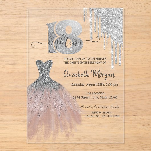 Silver Drips Glitter Chic Dress 18th Birthday Acryl Uitnodigingen (Voorkant)
