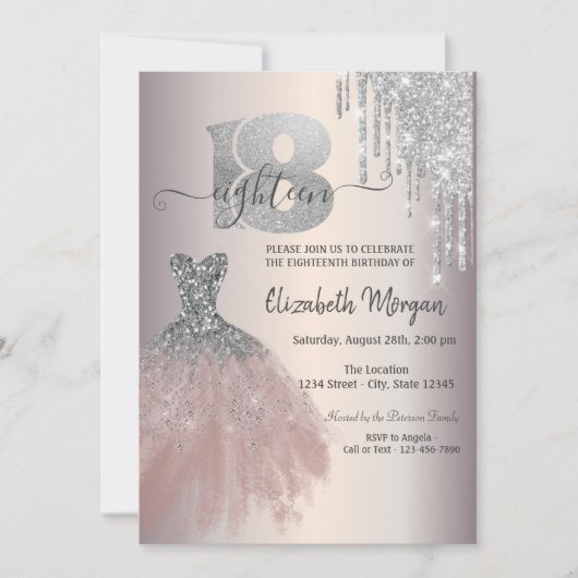 Silver Drips Glitter Chic Dress 18th Birthday Kaart (Voorkant)