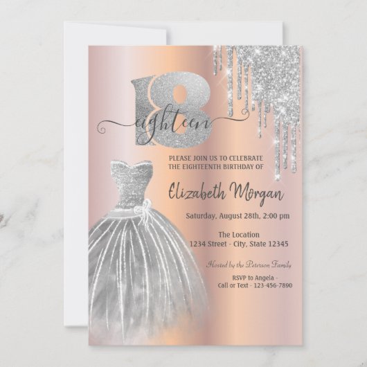 Silver Drips Glitter Dress Roos Gold 18th Birthday Kaart (Voorkant)