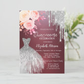 Silver Drips, Jurk Rozen Bourgondië Quinceanera Kaart (Staand voorkant)