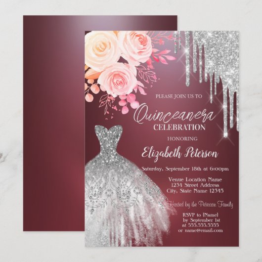 Silver Drips, Jurk Rozen Bourgondië Quinceanera Kaart (Voorkant / Achterkant)