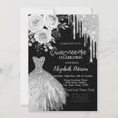 Silver Drips, Jurk Rozen Zwart Quinceanera Kaart (Voorkant)
