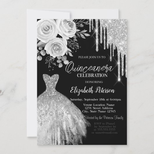 Silver Drips, Jurk Rozen Zwart Quinceanera Kaart (Voorkant)