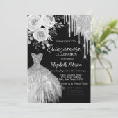 Silver Drips, Jurk Rozen Zwart Quinceanera Kaart (Staand voorkant)