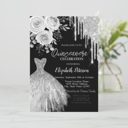 Silver Drips, Jurk Rozen Zwart Quinceanera Kaart (Staand voorkant)