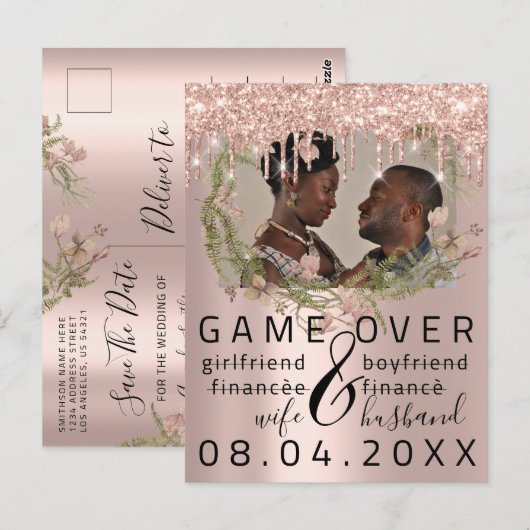 Silver DripsFunny Save the Date Florals Photo Briefkaart (Voorkant / Achterkant)