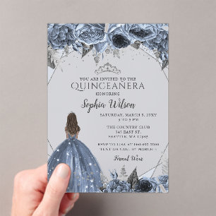 Silver Dusty Blue Floral Princess Quinceañera Acryl Uitnodigingen
