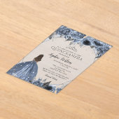 Silver Dusty Blue Floral Princess Quinceañera Acryl Uitnodigingen (Laagn)