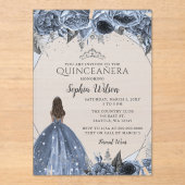 Silver Dusty Blue Floral Princess Quinceañera Acryl Uitnodigingen (Voorkant)