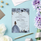 Silver Dusty Blue Floral Princess Quinceañera Acryl Uitnodigingen (Insitu (Huwelijk))