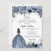 Silver Dusty Blue Floral Princess Quinceañera Kaart (Voorkant)