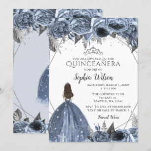 Silver Dusty Blue Floral Princess Quinceañera Kaart