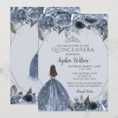 Silver Dusty Blue Floral Princess Quinceañera Kaart (Voorkant / Achterkant)