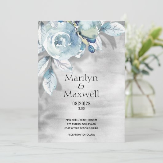 Silver Dusty Blue Peony Shadow Wedding Invitation Aankondiging (Staand voorkant)