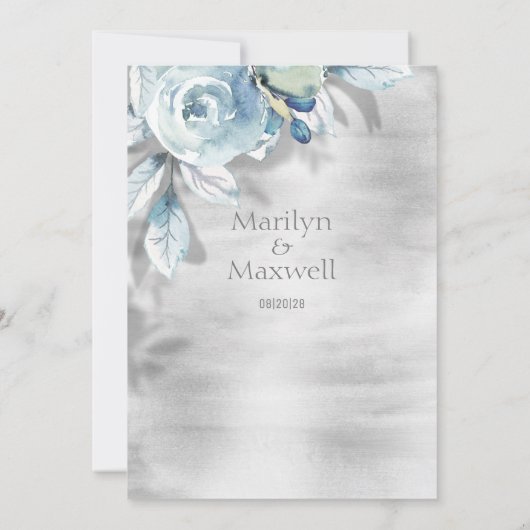 Silver Dusty Blue Peony Shadow Wedding Invitation Aankondiging (Achterkant)