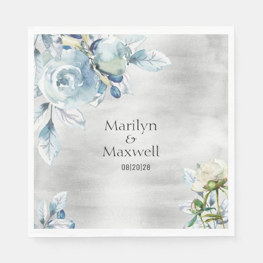 Silver Dusty Blue Peony Wedding 6 Inch Luncheon Servet (Voorkant)