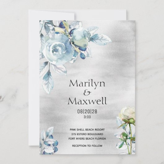 Silver Dusty Blue Peony Wedding Invitation Aankondiging (Voorkant)